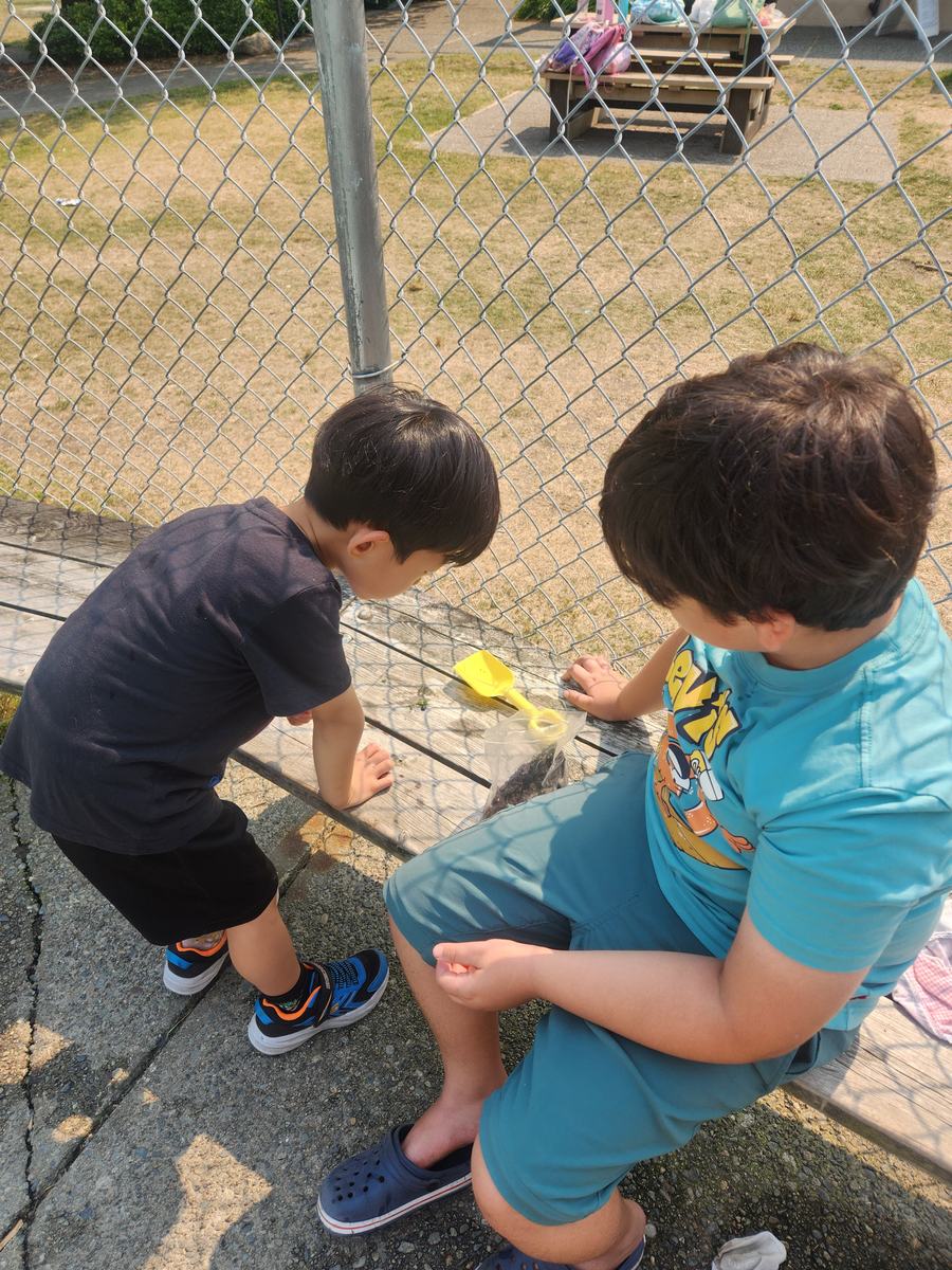 Two students crouched together outside, absorbed in something on the ground