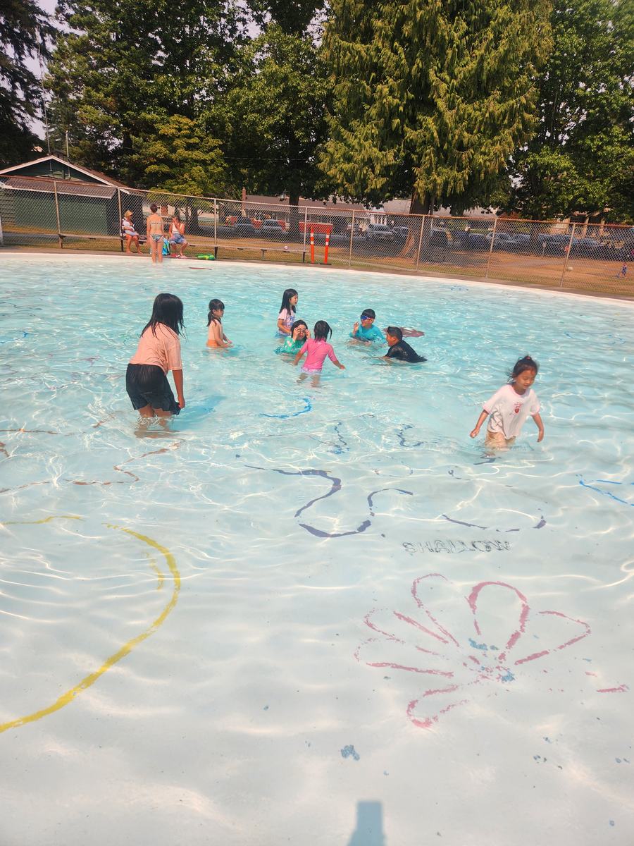 Children playing in the shallow outdoor pool on a sunny afternoon