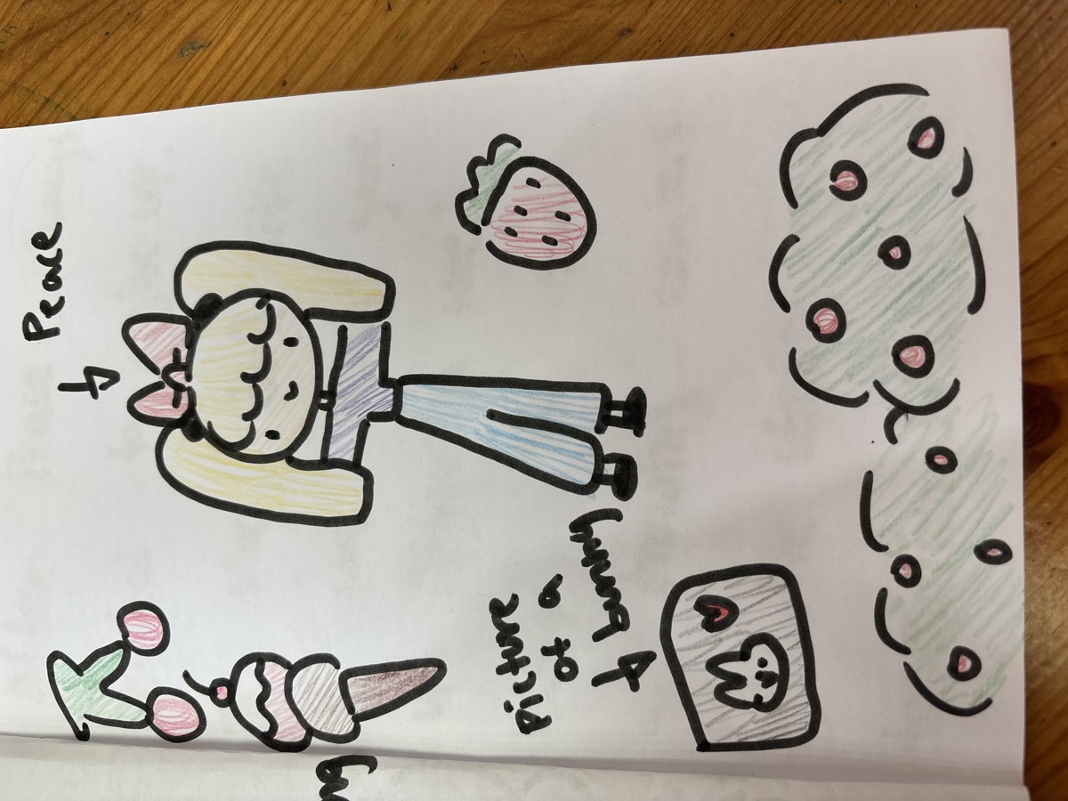 An illustrated page showing the character Peace with her drawings