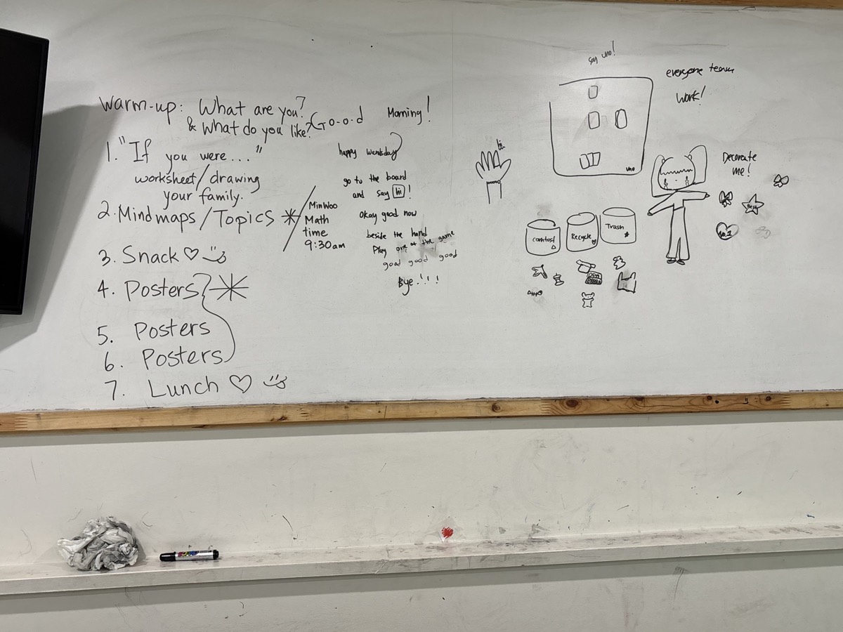 The whiteboard with today's plan: warm-up, worksheets, mindmaps and topics, posters, lunch