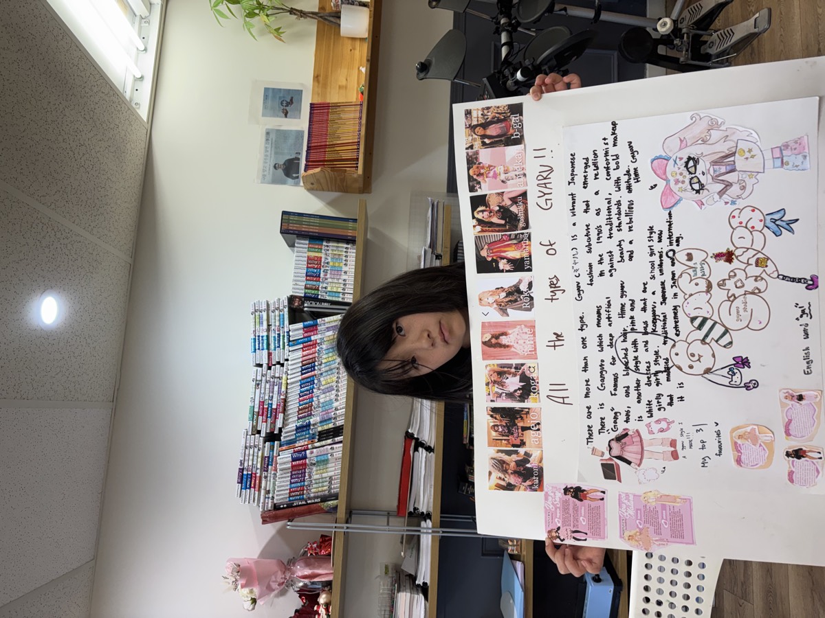 A girl holding her detailed All the Types of Gyaru research poster