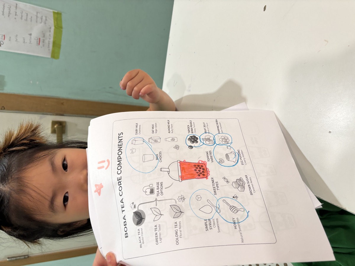 A student holding up the Boba Tea Core Components diagram worksheet