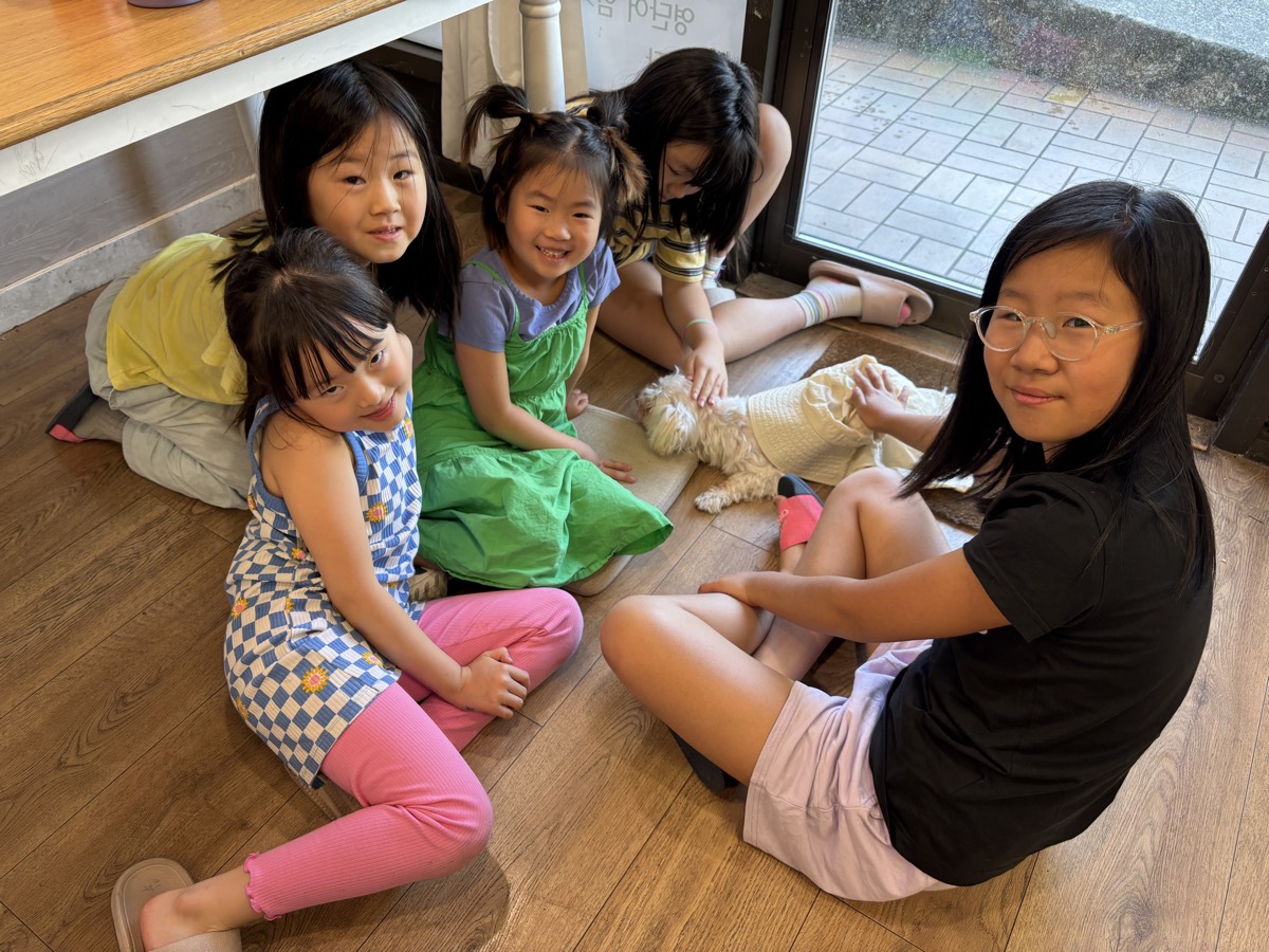 Five girls sitting on the floor together with a small fluffy dog
