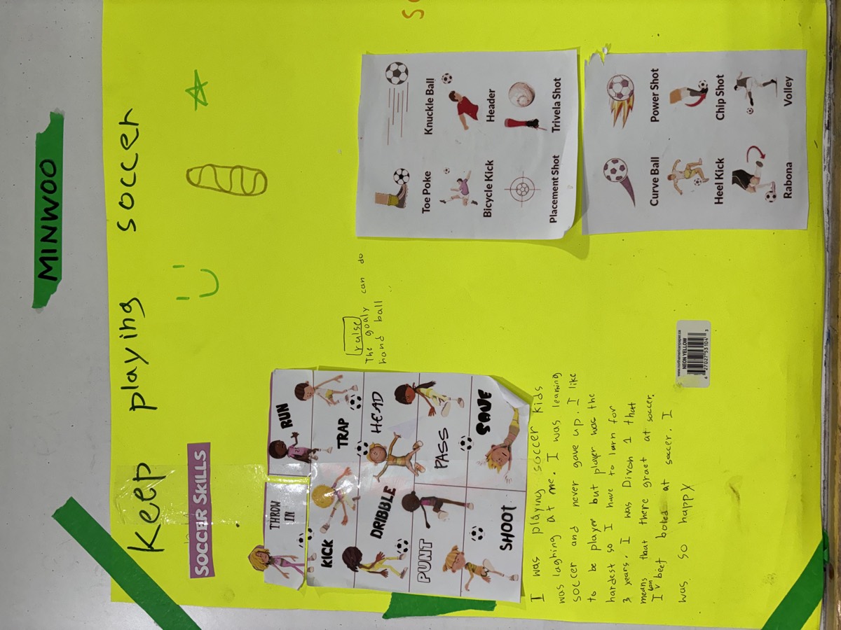 Close-up of Minwoo's hand-made Keep Playing Soccer poster with a soccer skills chart and a page of soccer moves