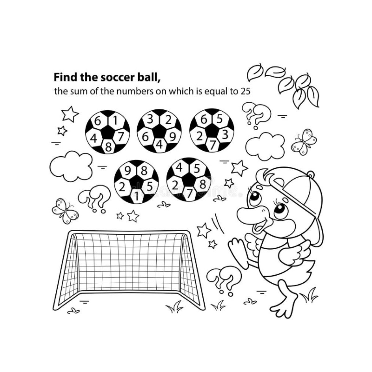 A Find the soccer ball worksheet where the numbers add up to 25