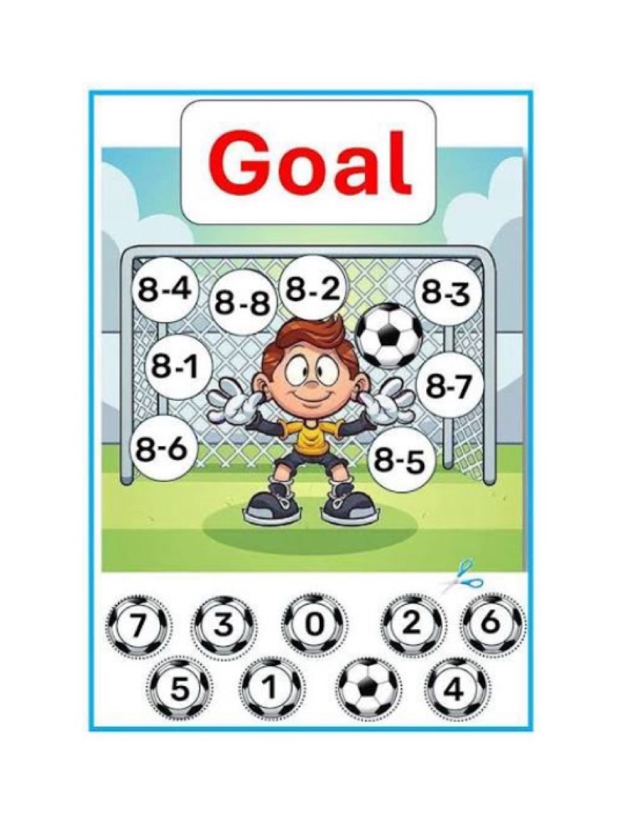 A Goal soccer worksheet with subtraction problems on a goalkeeper