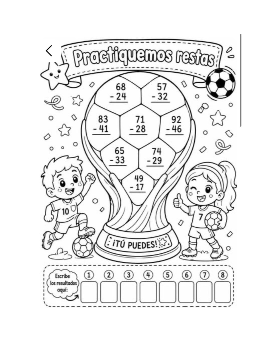 A Practiquemos restas soccer trophy worksheet with two-digit subtraction problems