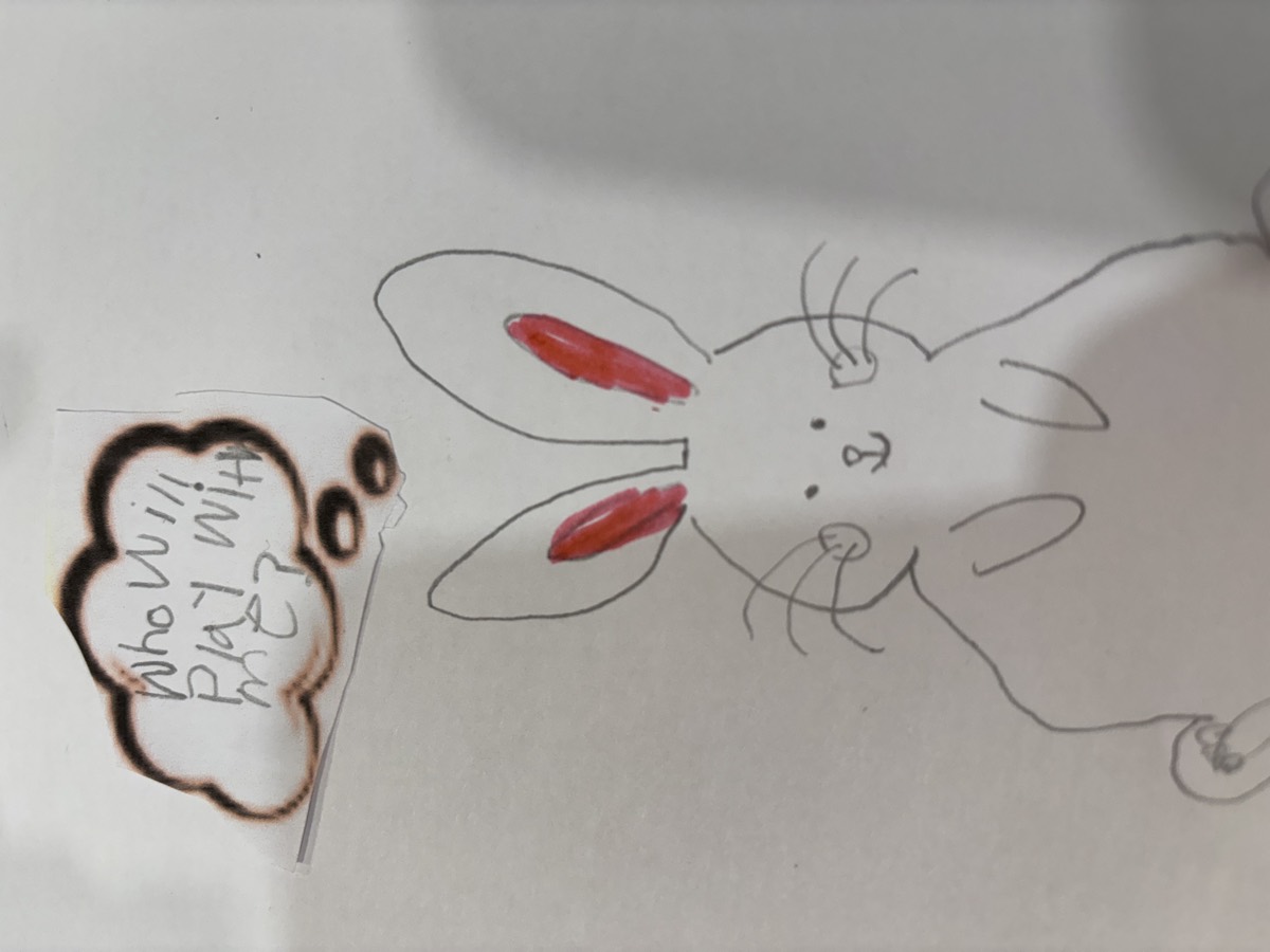 A child's pencil drawing of a rabbit with a thought bubble reading who will play with me