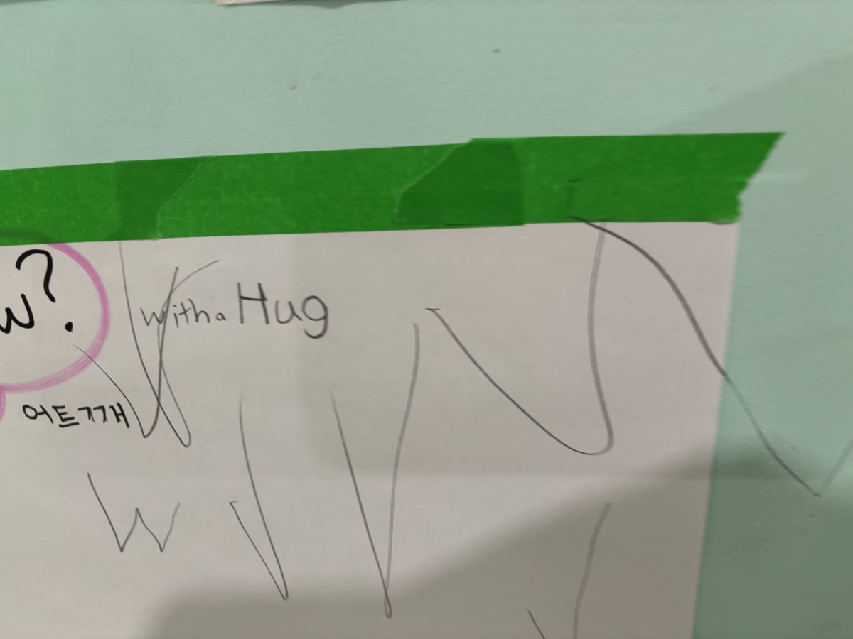 A How question chart on the wall with the answer with a hug written beside it