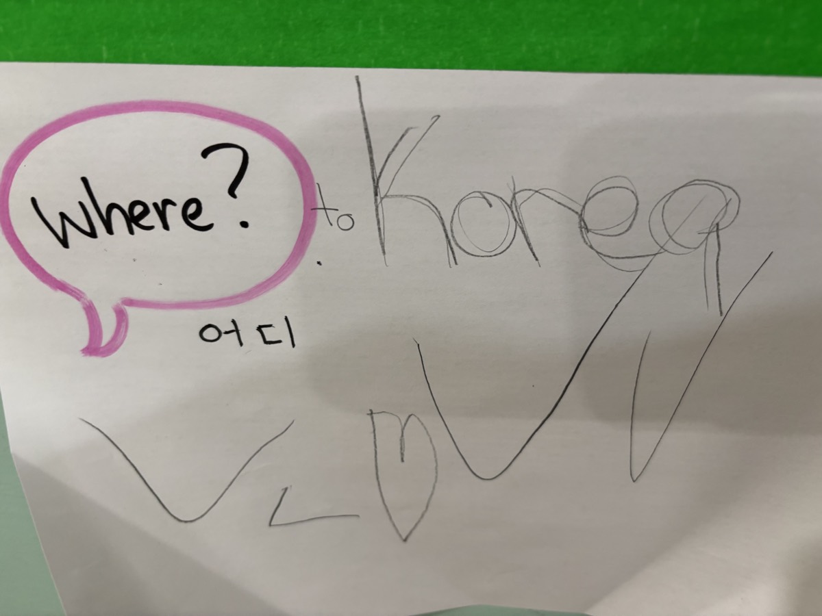 A Where question chart on the wall with the answer to Korea written beside it