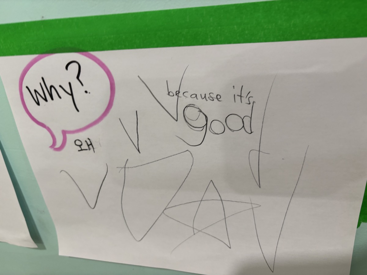 A Why question chart on the wall with the answer because it's good written beside it