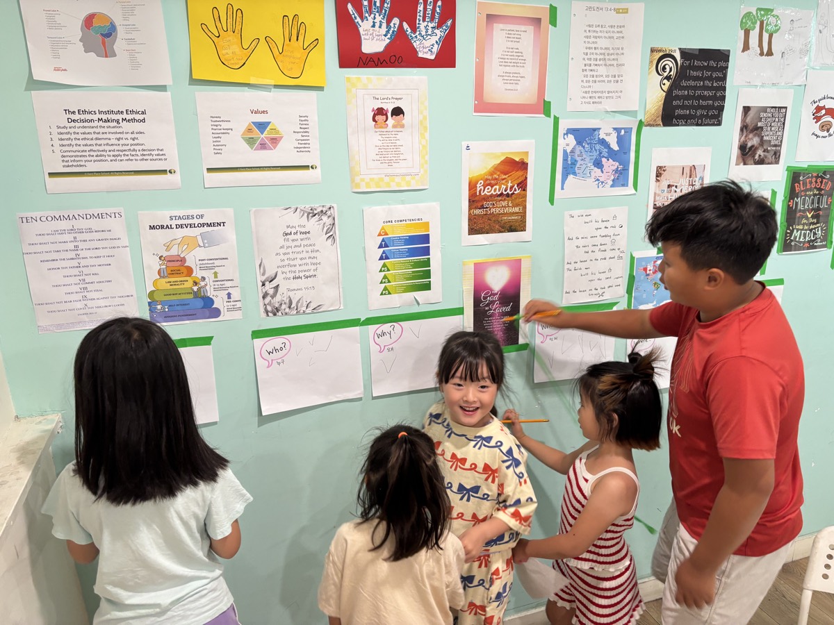A group of students gathered at the wall of question charts with Minwoo helping at the right