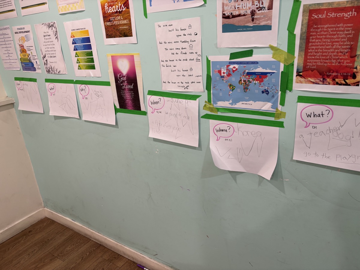 A long row of question charts taped along the classroom wall