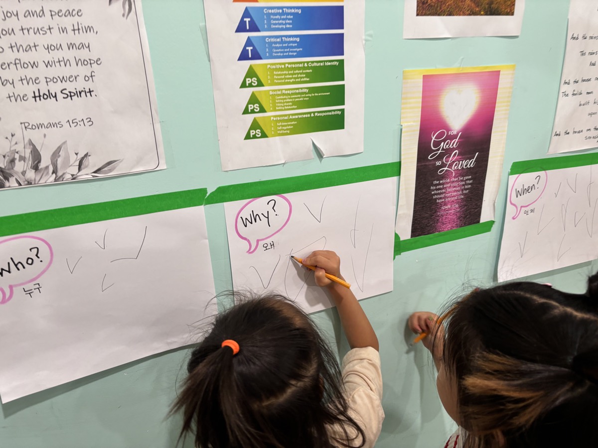 Two students reaching up to mark checkmarks on Who and Why question charts taped to the classroom wall