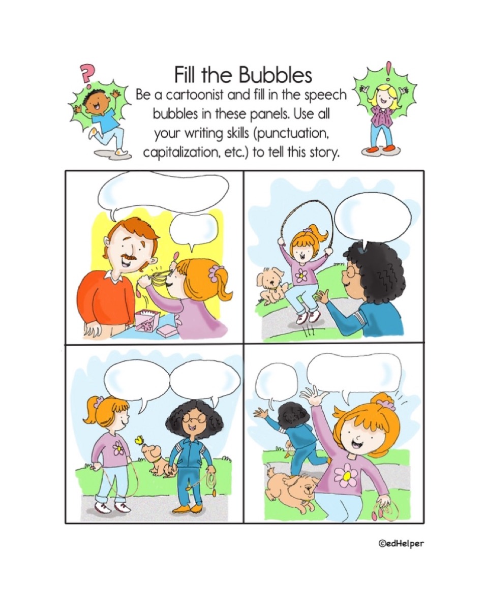A Fill the Bubbles worksheet with four cartoon panels of empty speech bubbles