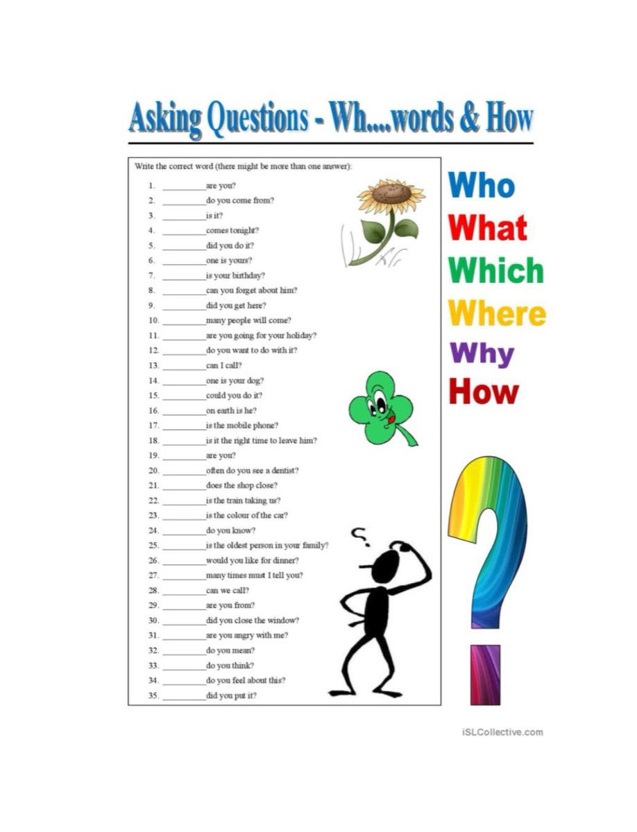An Asking Questions worksheet listing Wh words Who What Which Where Why and How