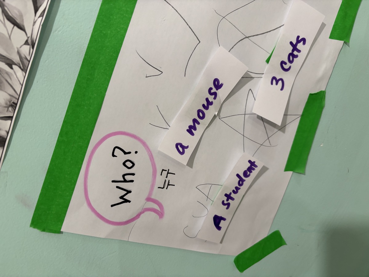 A Who question chart on the wall with the Korean word underneath and answers a mouse, a student, and 3 cats