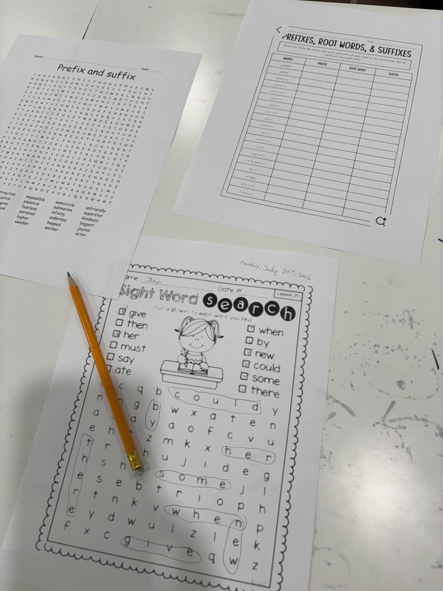 English word-search worksheet with a pencil