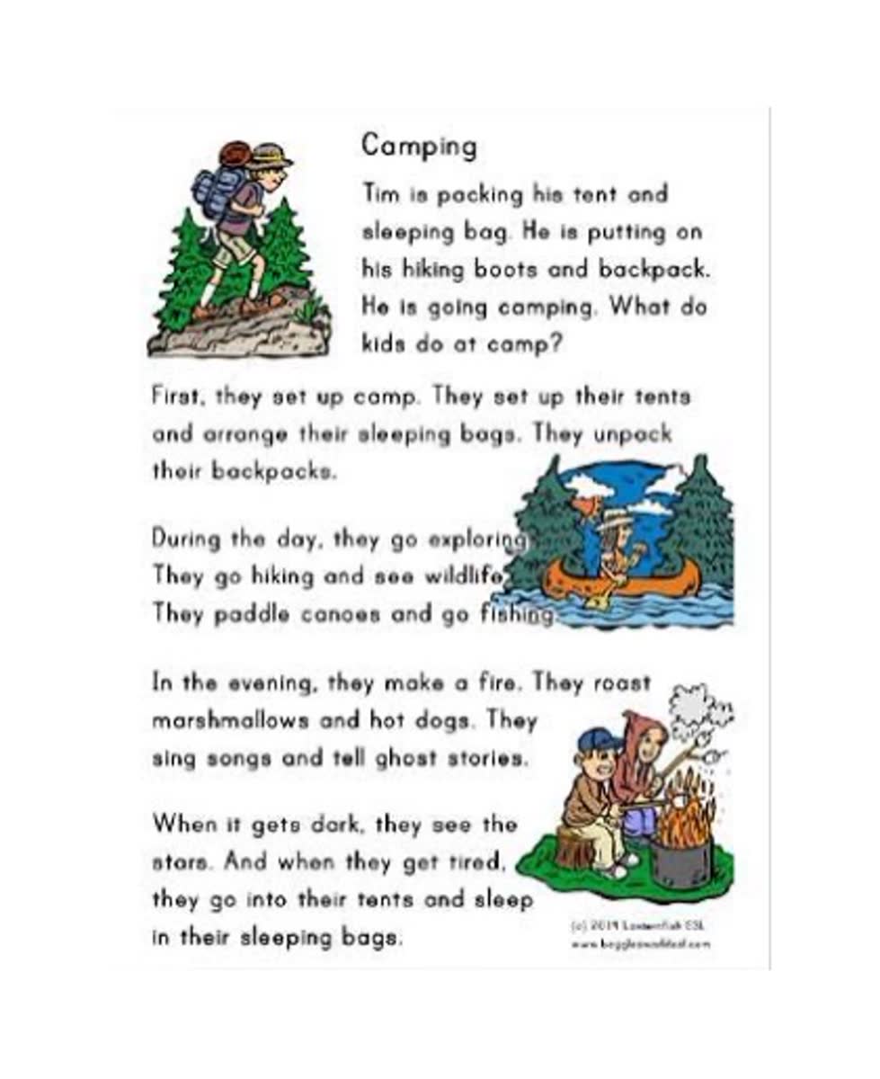 Illustrated reading passage about children going camping