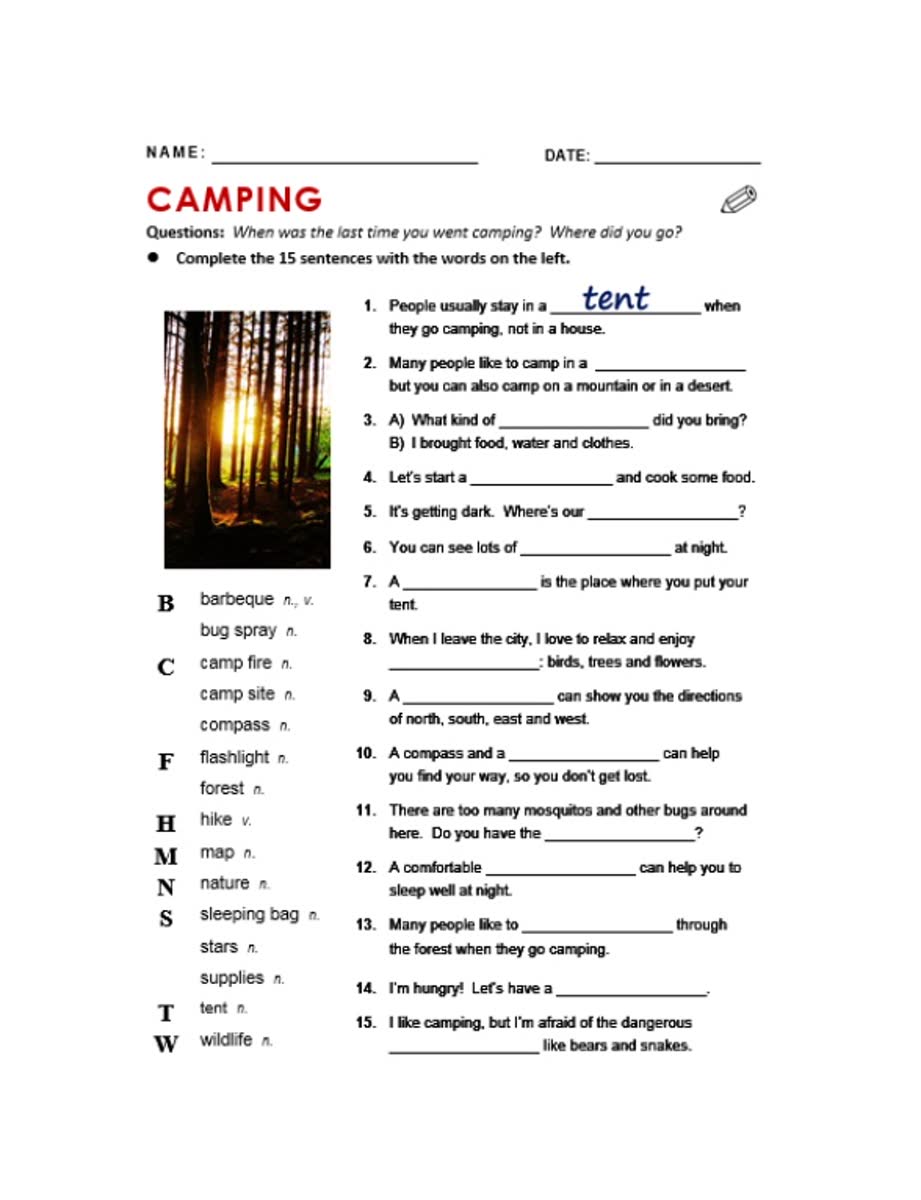 Camping vocabulary worksheet with a tent and campfire