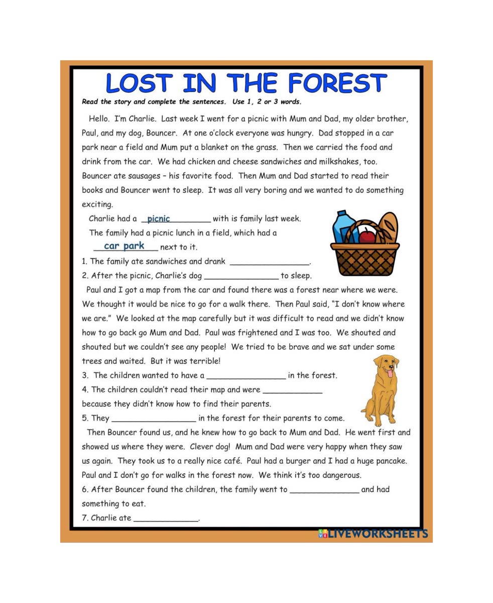 Lost in the Forest reading comprehension worksheet
