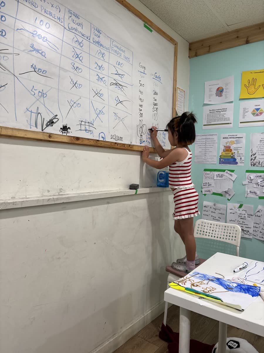 A young student updating team totals across the classroom whiteboard