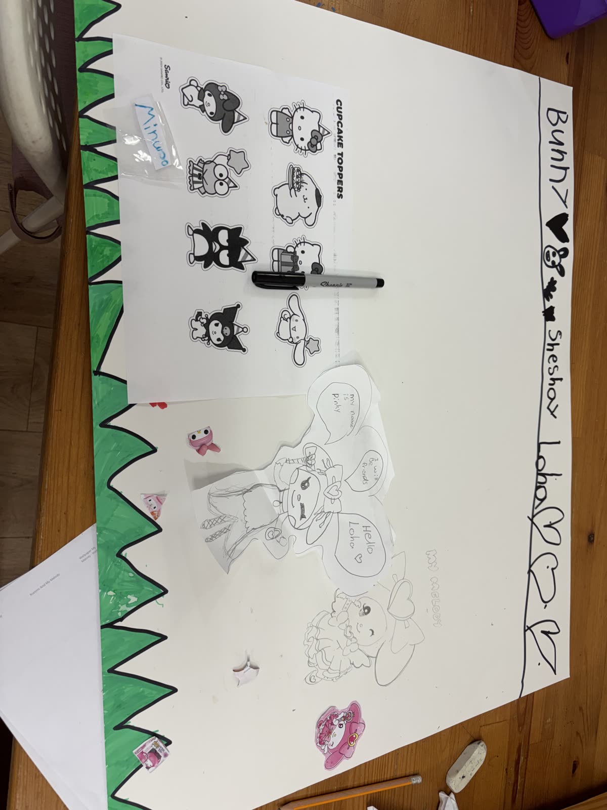 A character-themed presentation poster with drawings and speech bubbles