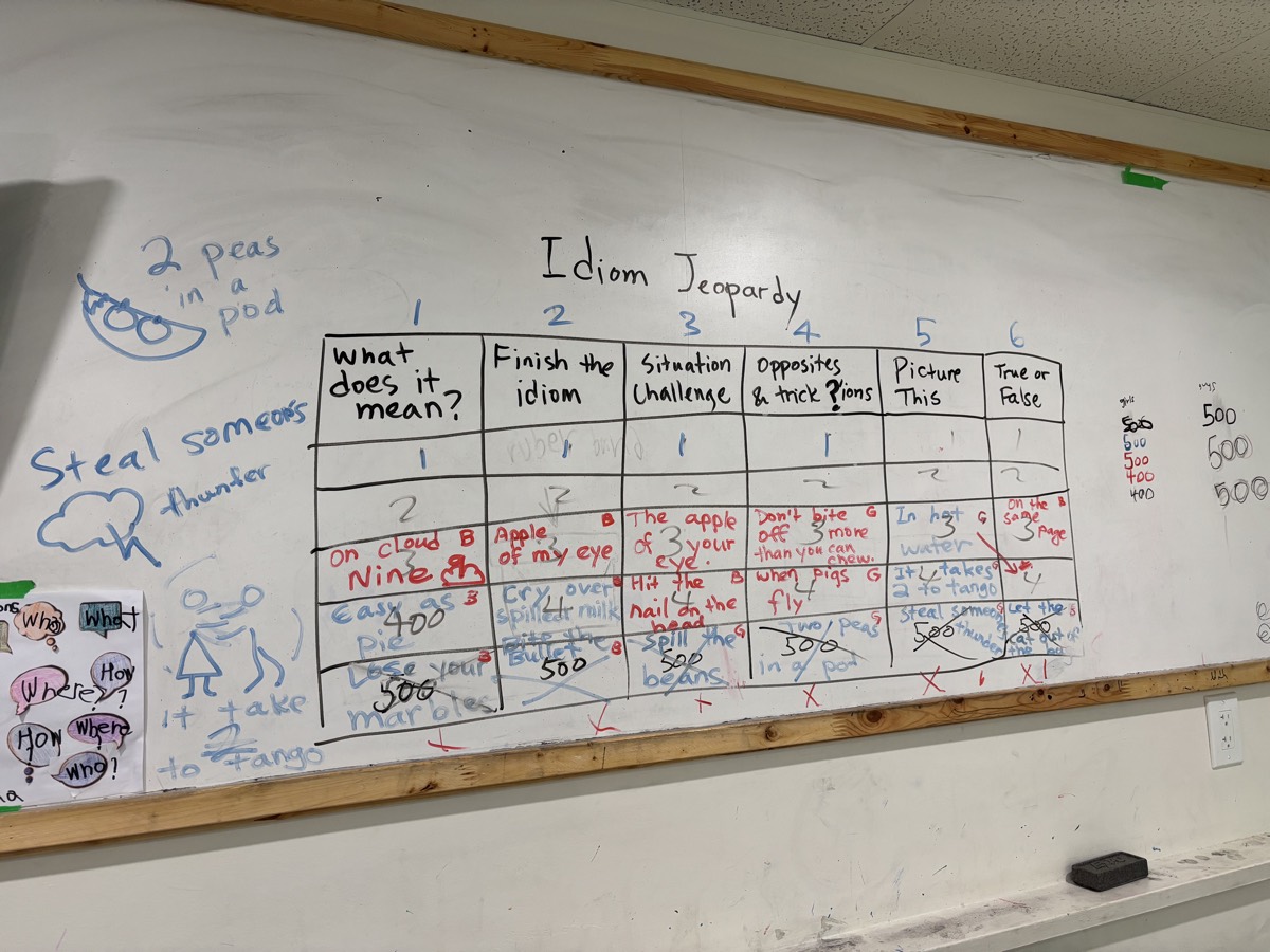 The full Idiom Jeopardy board on the whiteboard with six categories and point values, surrounded by drawings of idioms like two peas in a pod