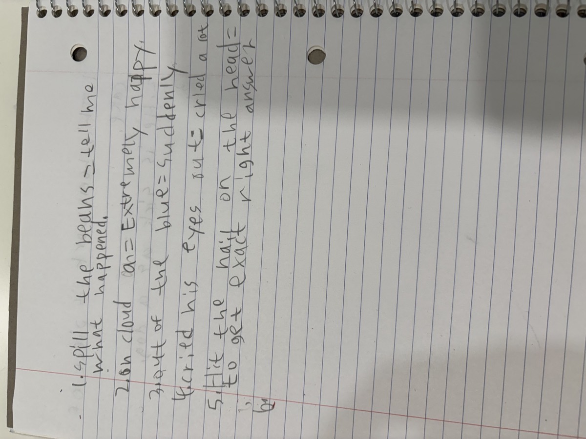 A notebook page with idiom definitions: spill the beans equals tell what happened, on cloud nine equals extremely happy