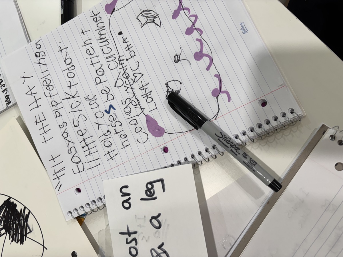A student's notebook page listing Hit the hay, Easy as pie, Hold your horses and Cool as a cucumber with a little drawing