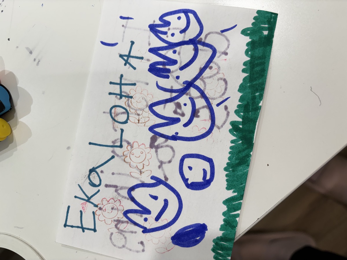 A young student's marker drawing of smiling faces on green grass