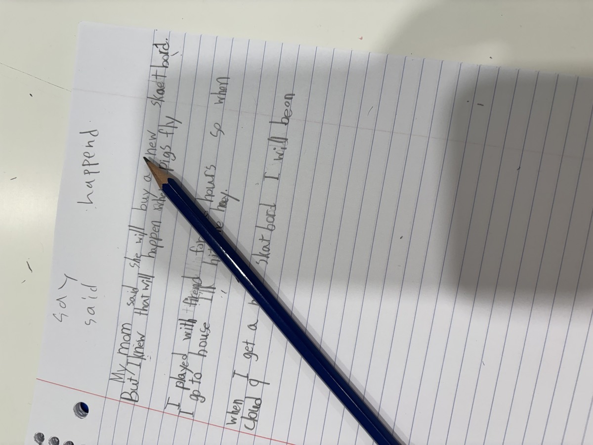 A student's short story using the idiom when pigs fly about a mom buying a new skateboard
