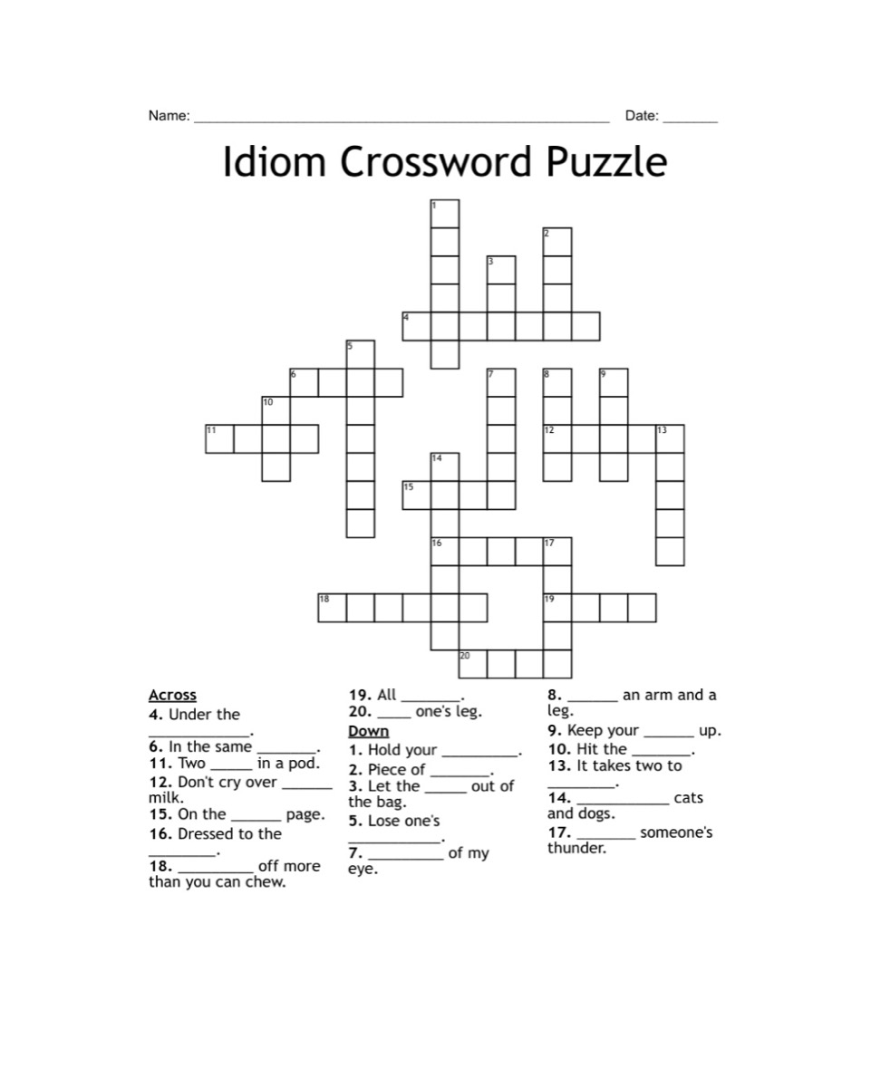 An idiom crossword puzzle worksheet with across and down clues