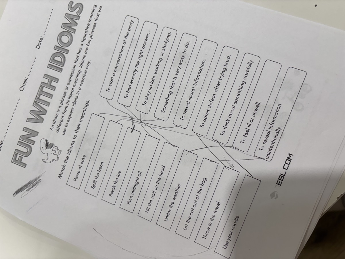 A Fun with Idioms worksheet with pencil lines matching idioms like piece of cake and under the weather to their meanings