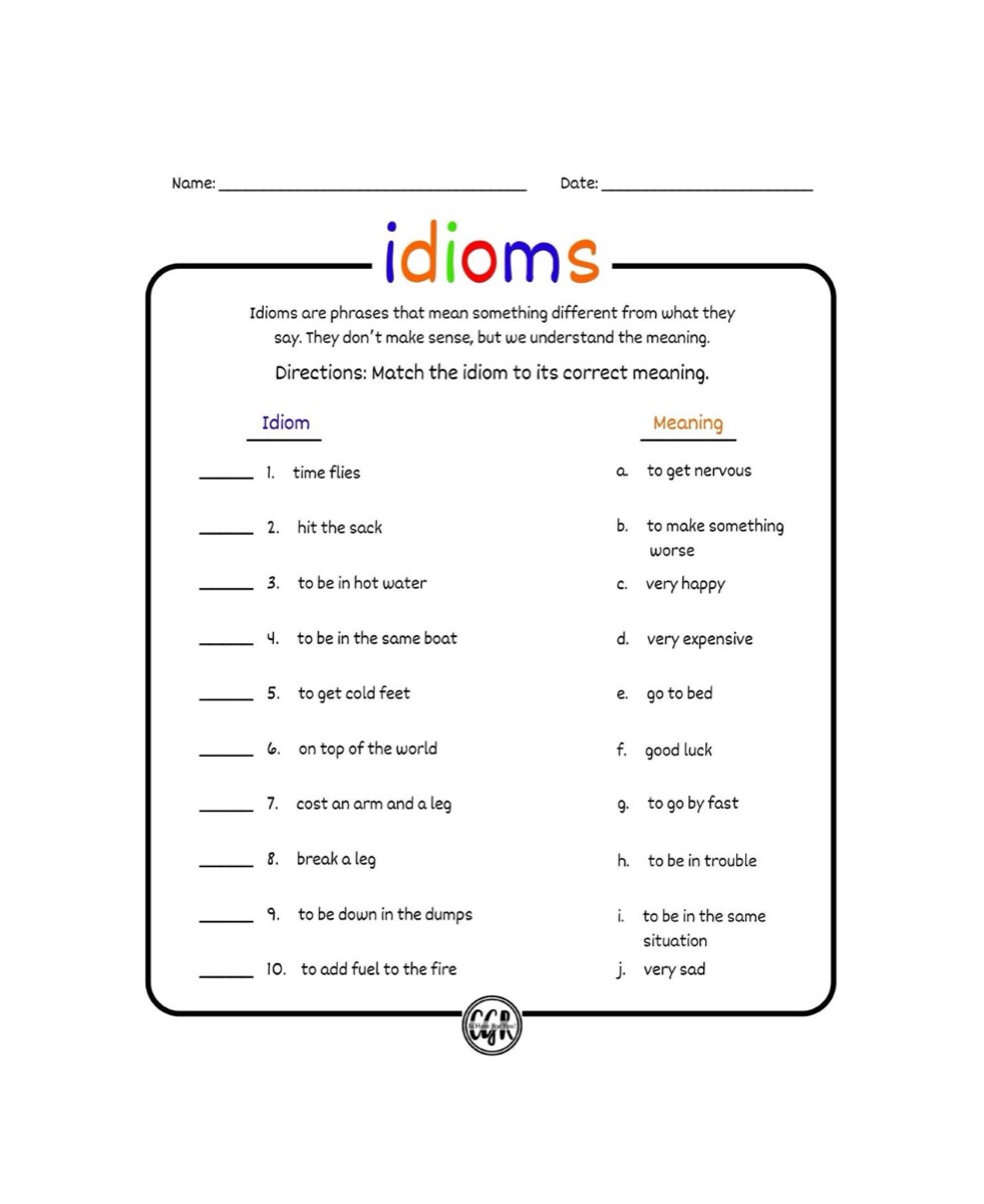 An idioms worksheet asking students to match ten idioms such as time flies and hit the sack to their correct meanings