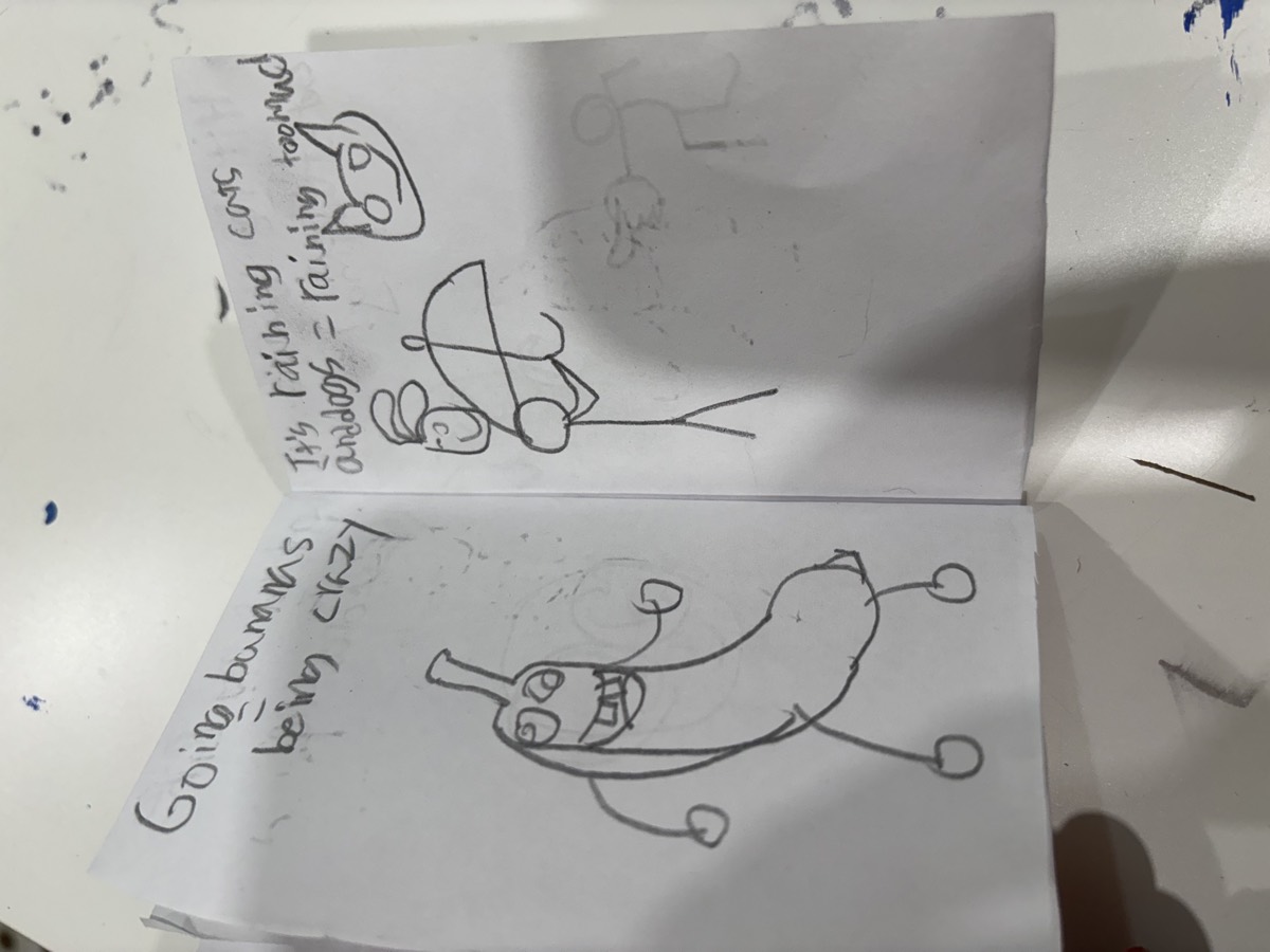 A pencil booklet spread reading Going bananas, being crazy, and It's raining cats and dogs, raining too much, with a smiling banana drawing