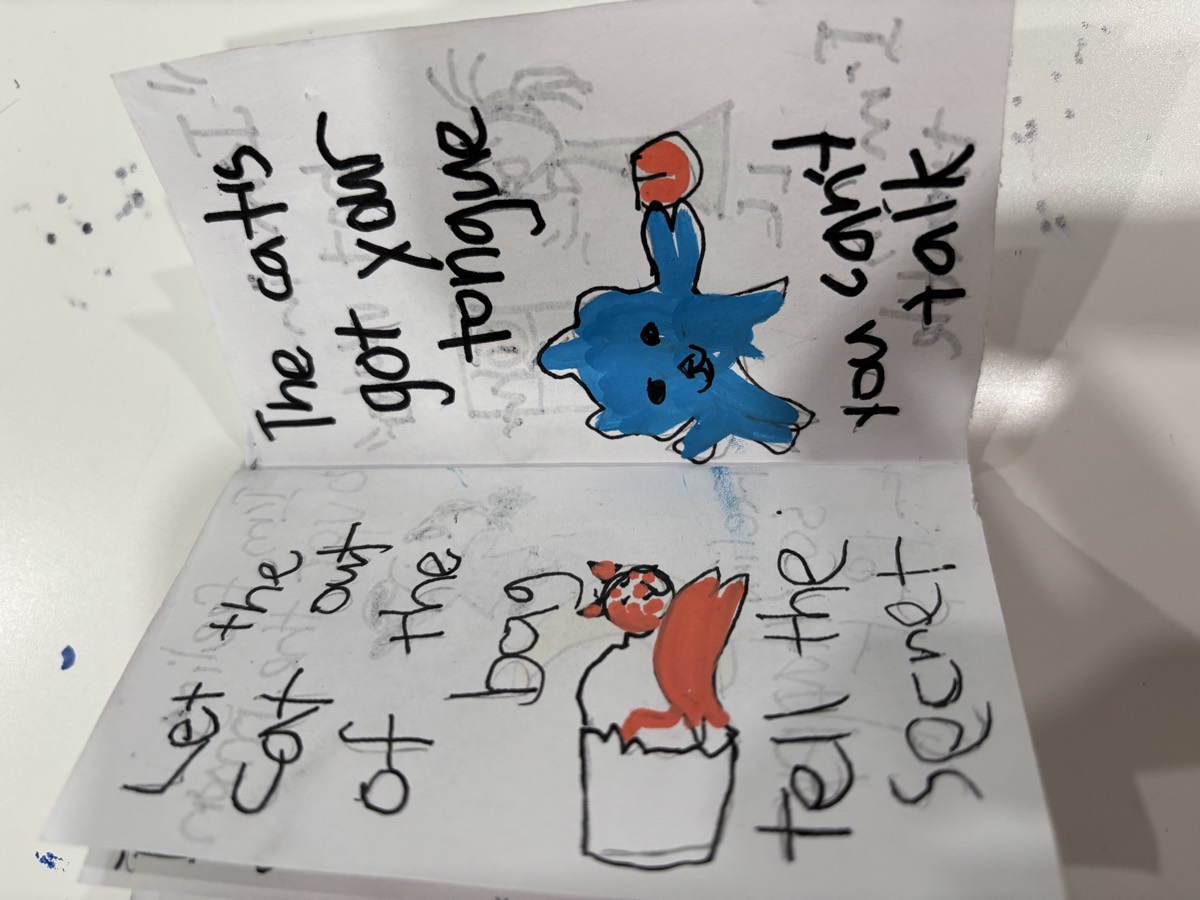A booklet spread reading Let the cat out of the bag, tell the secret, and The cat's got your tongue, you can't talk, with cat drawings