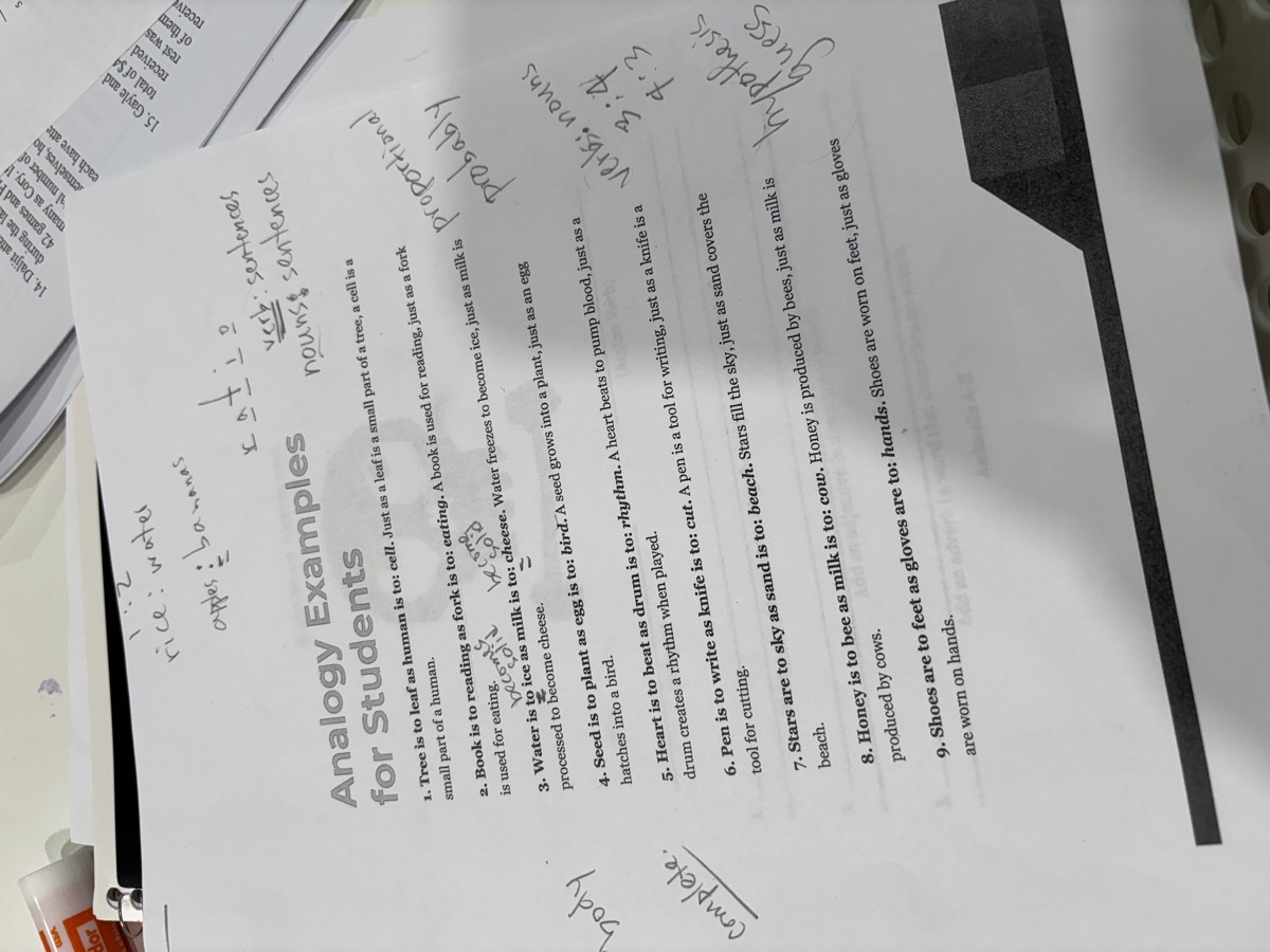 An Analogy Examples for Students worksheet covered in handwritten notes including rice to water, ratio, proportional and hypothesis
