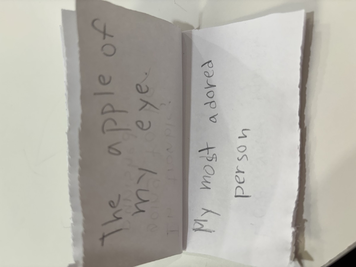 A flip-book page reading The apple of my eye, my most adored person