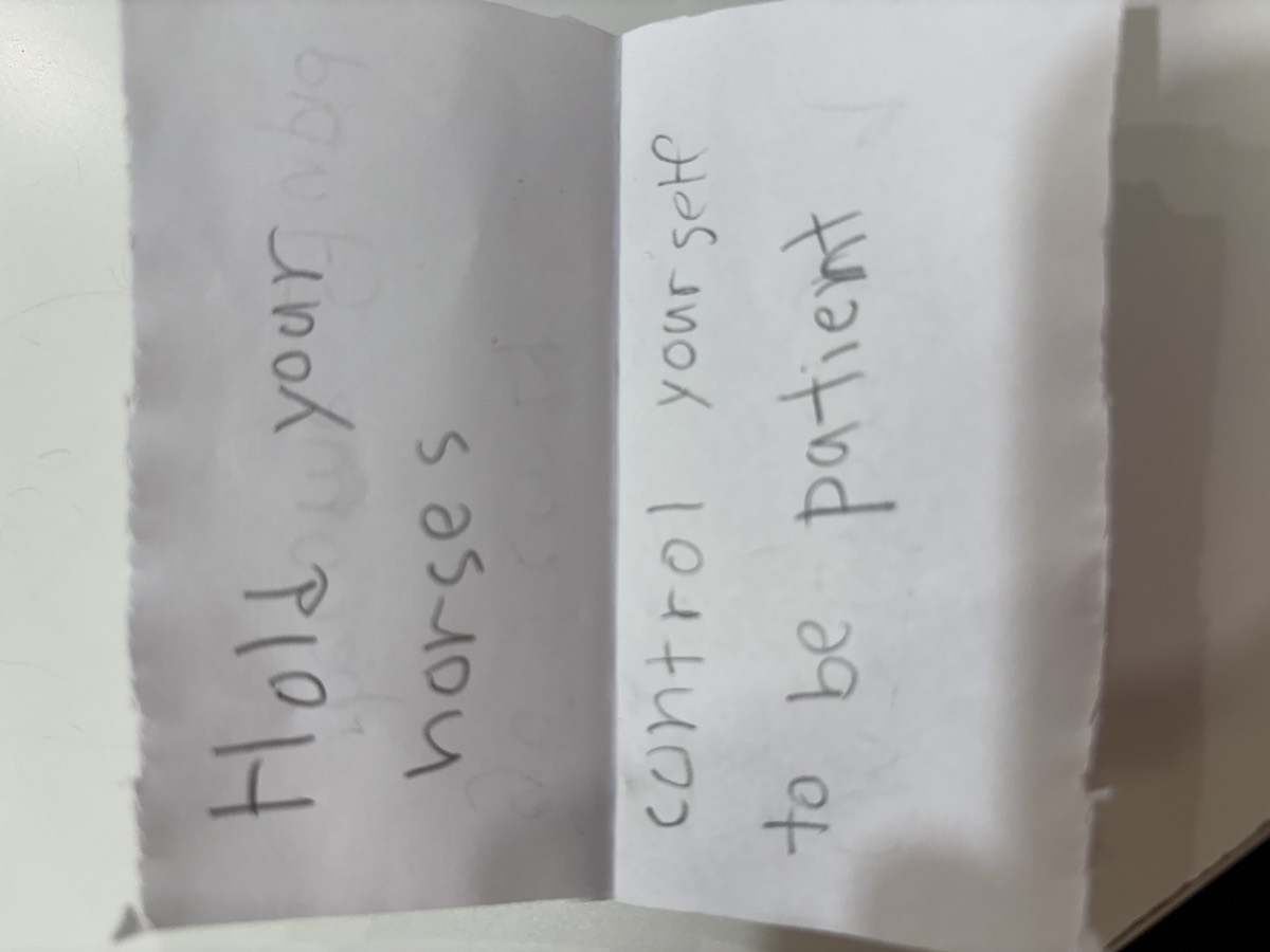 A flip-book page reading Hold your horses, control yourself, to be patient