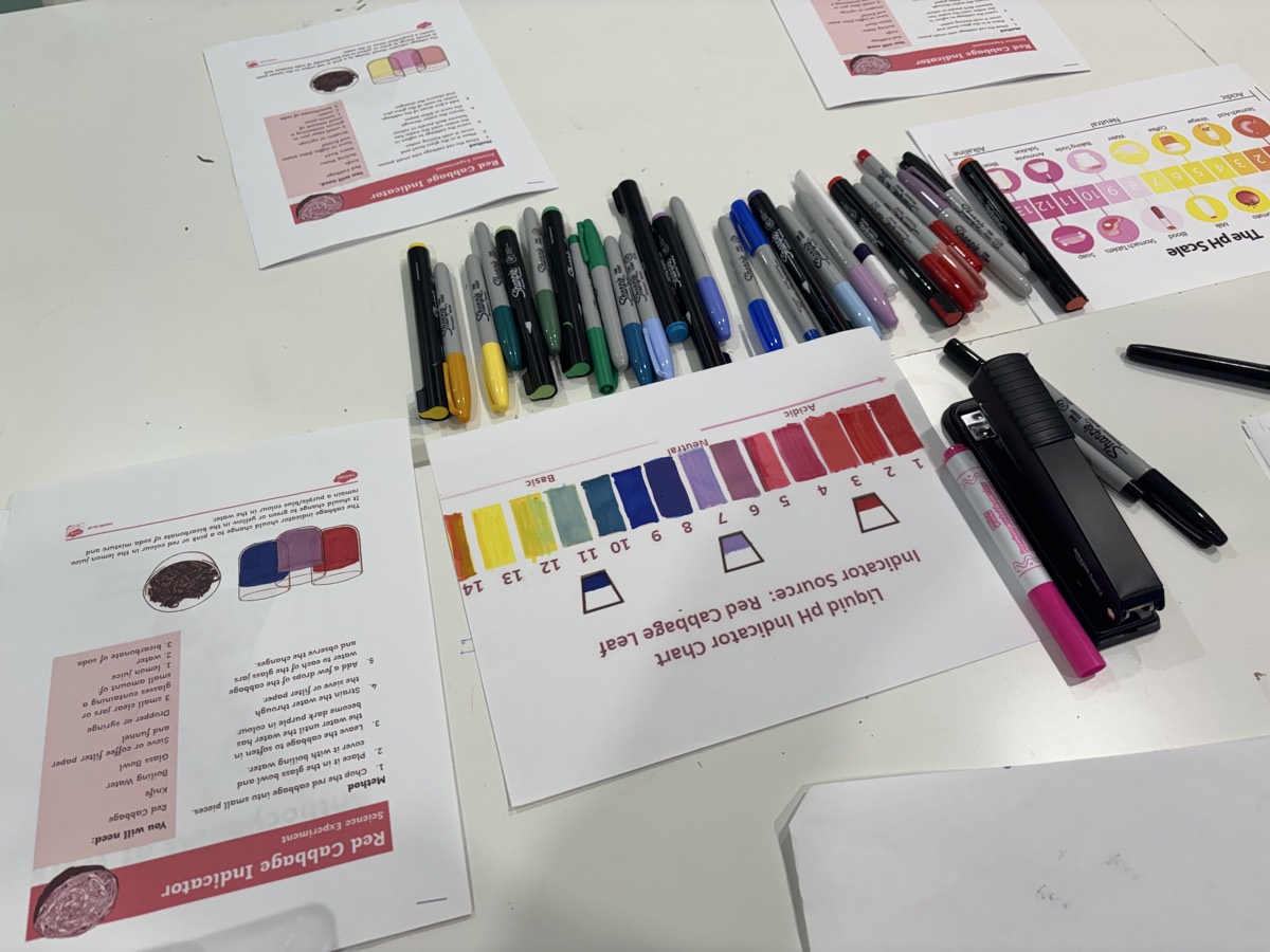 A printed liquid pH indicator chart for red cabbage leaf showing the colour range from pink through purple to blue green and yellow