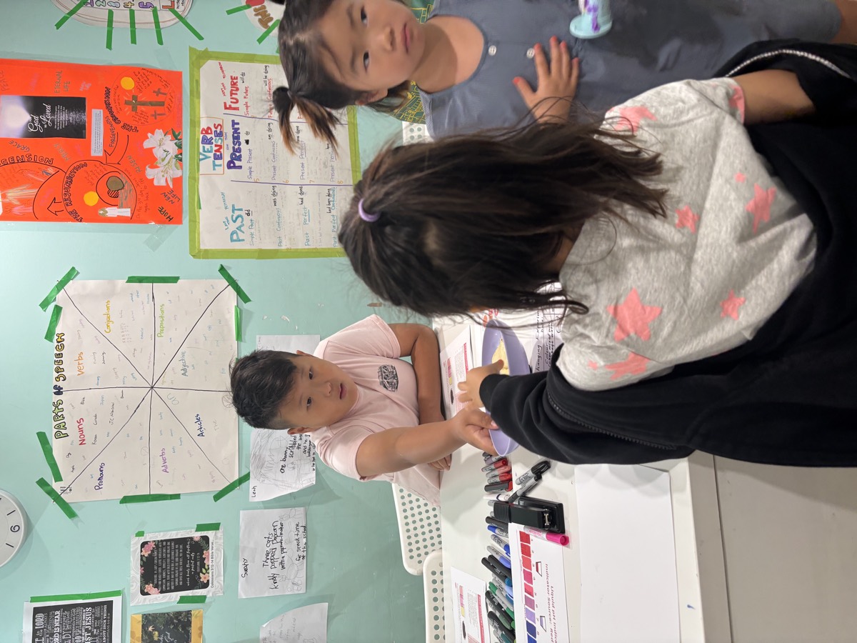 Students gathered around the classroom table during the experiment, markers and sheets everywhere