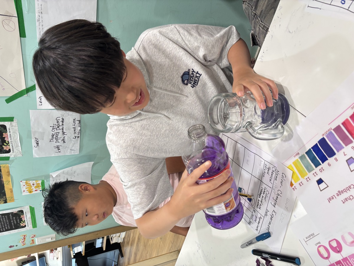 A student carefully pouring purple cabbage water from a jar into a glass on the table