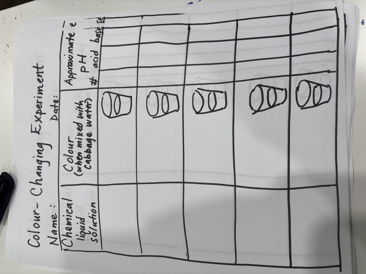 A blank Colour-Changing Experiment recording sheet with columns for chemical liquid solution, colour when mixed with cabbage water, and approximate pH