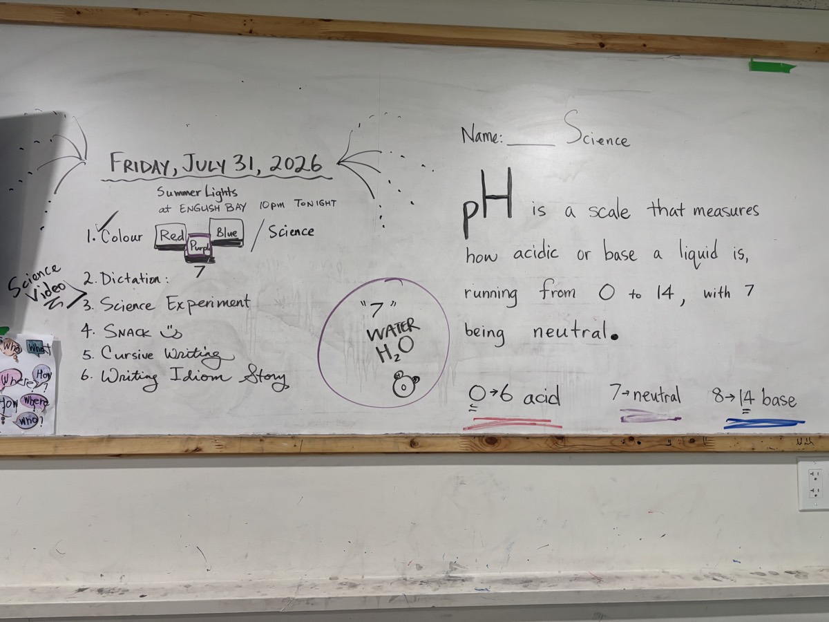 A whiteboard headed Friday July 31 2026 listing the day's plan and explaining that pH is a scale from 0 to 14 with 7 being neutral