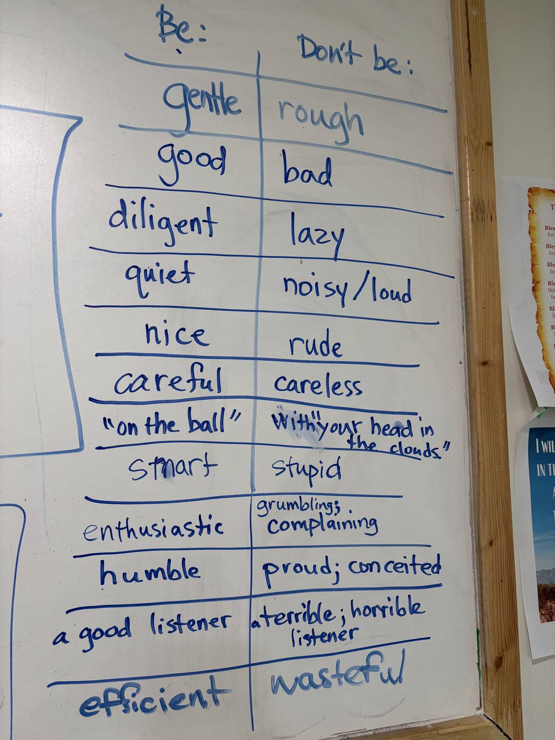 Whiteboard 'Be / Don't be' word list: gentle, good, diligent, quiet, nice, careful, smart, humble, efficient and their opposites